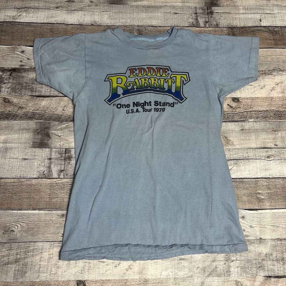 Eddie Rabbit Shirt Size Medium Blue Vintage 70s Rock Band Tee Spell out